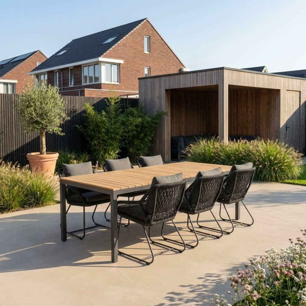 Delta/Portofino zwart dining tuinset | 6 personen | teakhout + touw | 220cm