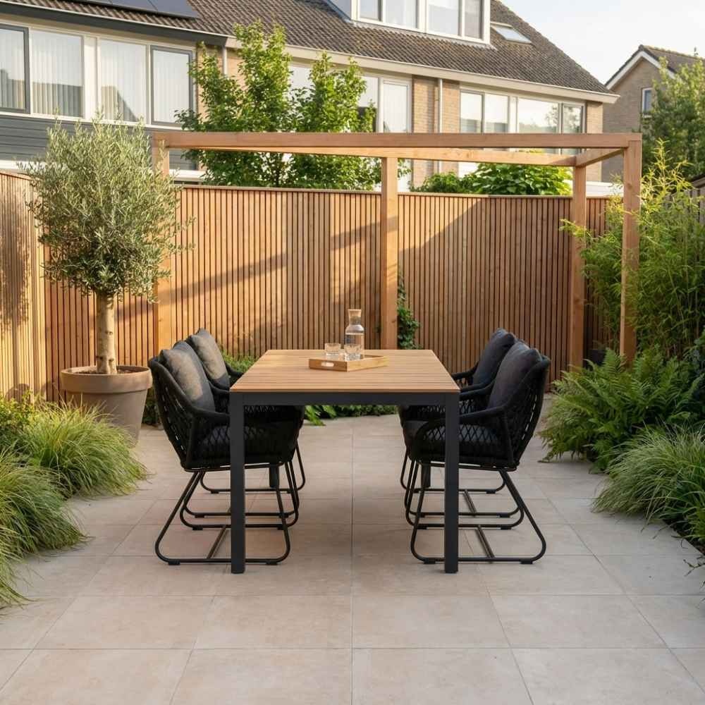 Delta/Portofino zwart dining tuinset | 4 personen | teakhout + touw | 160cm