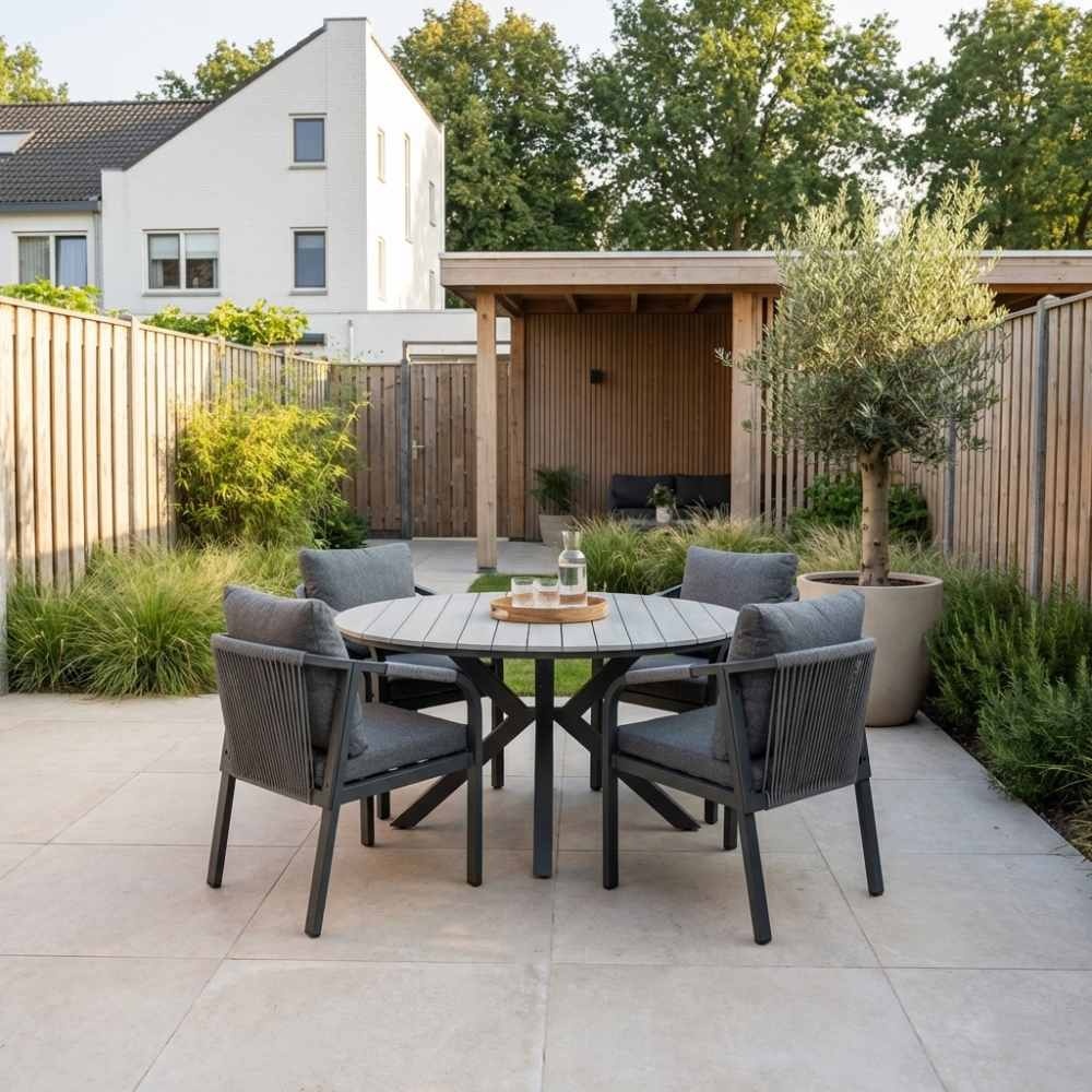 Cervo Grey/Calgary antraciet dining tuinset | 5 personen | polywood + touw | 144cm rond