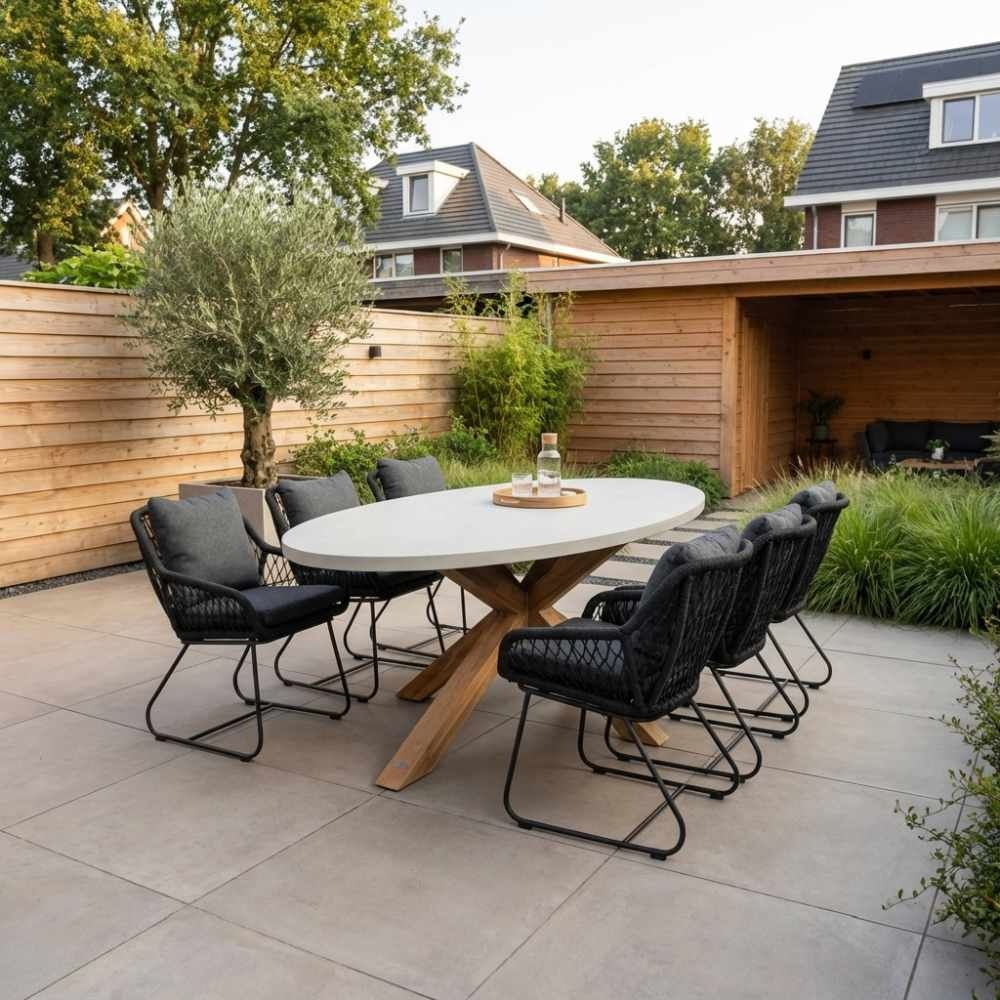 Livorno/Portofino zwart dining tuinset | 6 personen | betonlook + touw | 240cm ovaal