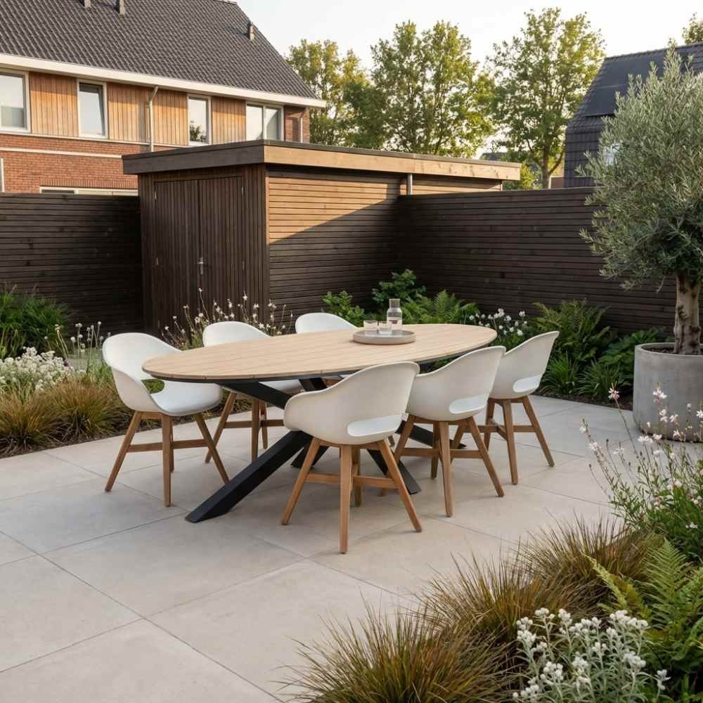 Dallas antraciet/Karlstad wit dining tuinset | 6 personen | polywood + kunststof | 220cm