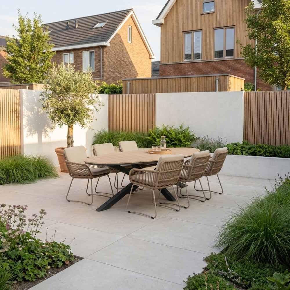 Dallas antraciet/Harper Sandstone dining tuinset | 6 personen | polywood + touw | 220cm
