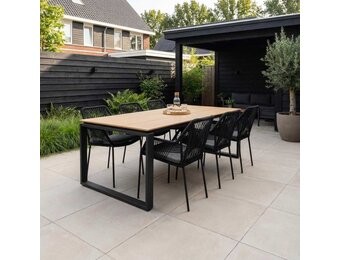 Helsinki Natural/Seville zwart dining tuinset | 6 personen | polywood + touw | 210cm