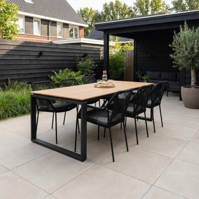 Helsinki Natural/Seville zwart dining tuinset | 6 personen | polywood + touw | 210cm