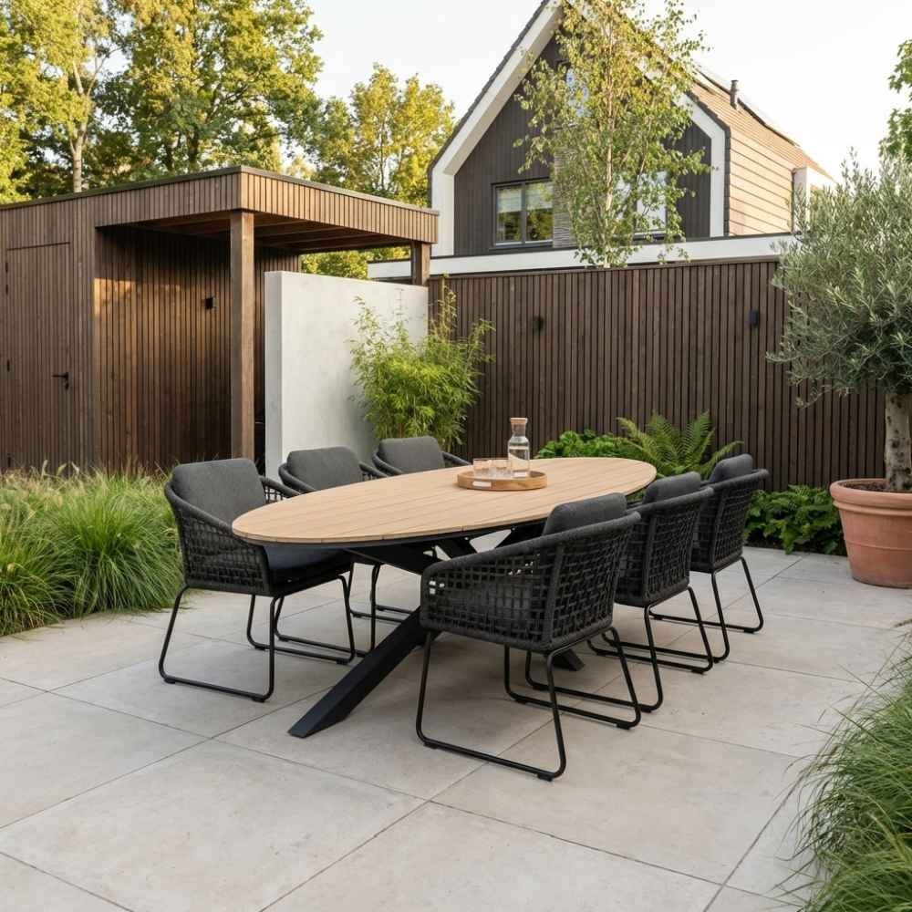 Dallas antraciet/Tulum Lava Grey dining tuinset | 6 personen | polywood + touw | 220cm