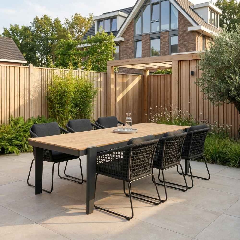 Vigo/Tulum Lava Grey dining tuinset | 6 personen | teakhout + touw | 260cm