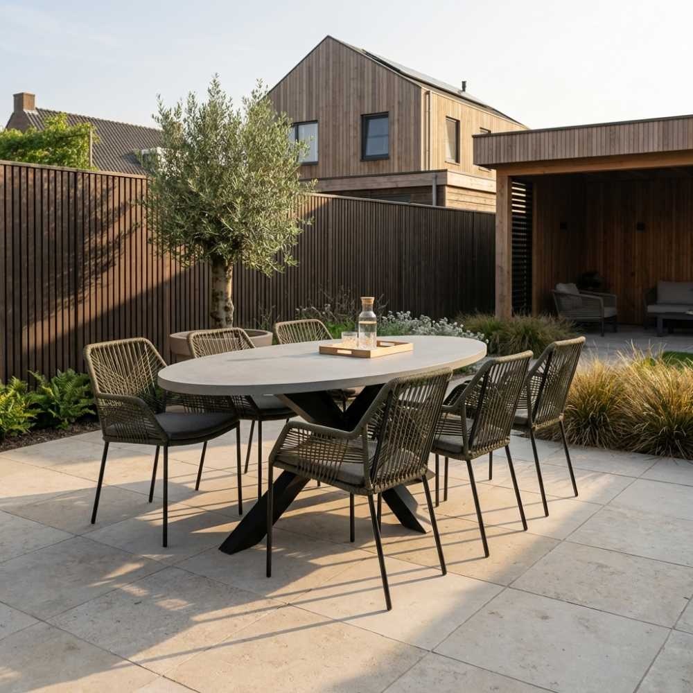 Stockholm/Seville olijfgroen dining tuinset | 6 personen | betonlook + touw | 200cm ovaal