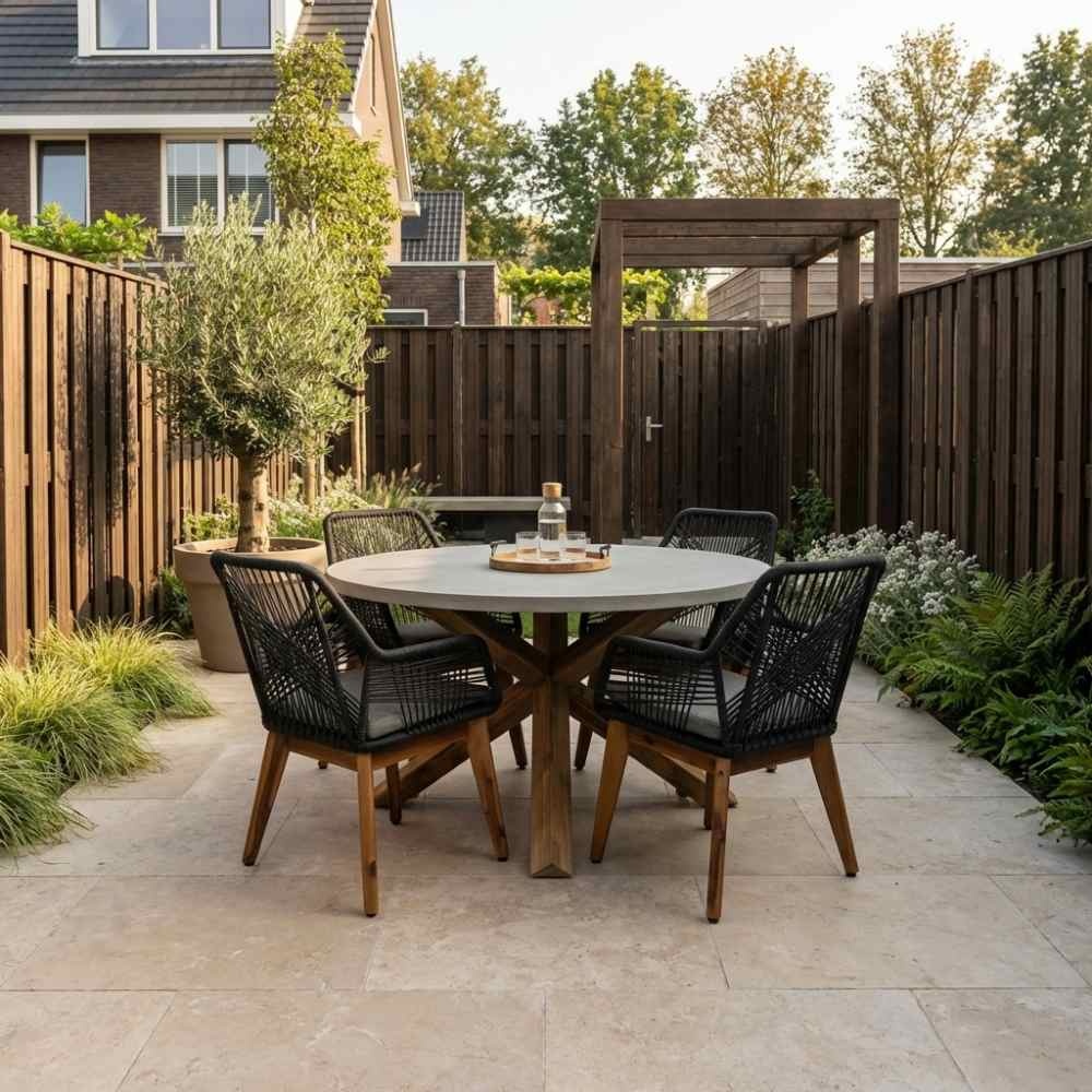 Nancy/Seville hout dining tuinset | 4 personen | betonlook + touw | 135cm rond