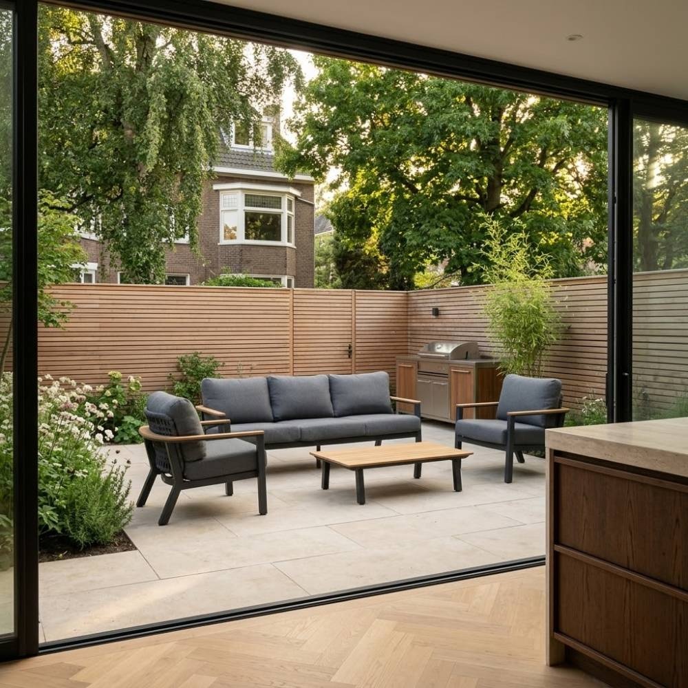 Montana stoel-bank loungeset 5 personen incl. tafel | aluminium + teak | antraciet | 4-delig