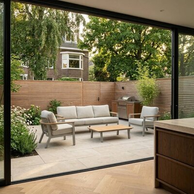Montana stoel-bank loungeset 5 personen incl. tafel | aluminium + teak | beige | 4-delig
