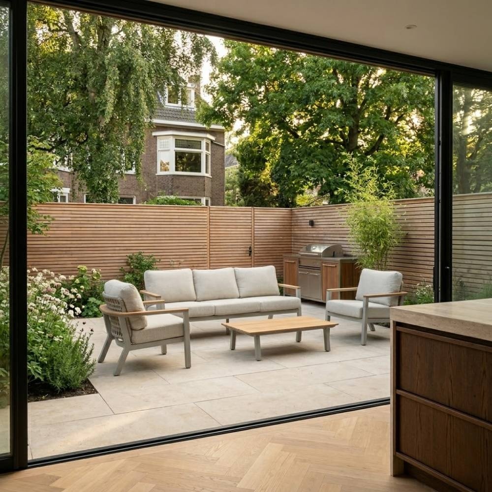 Montana stoel-bank loungeset 5 personen incl. tafel | aluminium + teak | beige | 4-delig