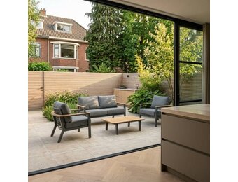 Montana stoel-bank loungeset 4 personen incl. tafel | aluminium + teak | antraciet | 4-delig