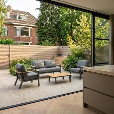 Montana stoel-bank loungeset 4 personen incl. tafel | aluminium + teak | antraciet | 4-delig