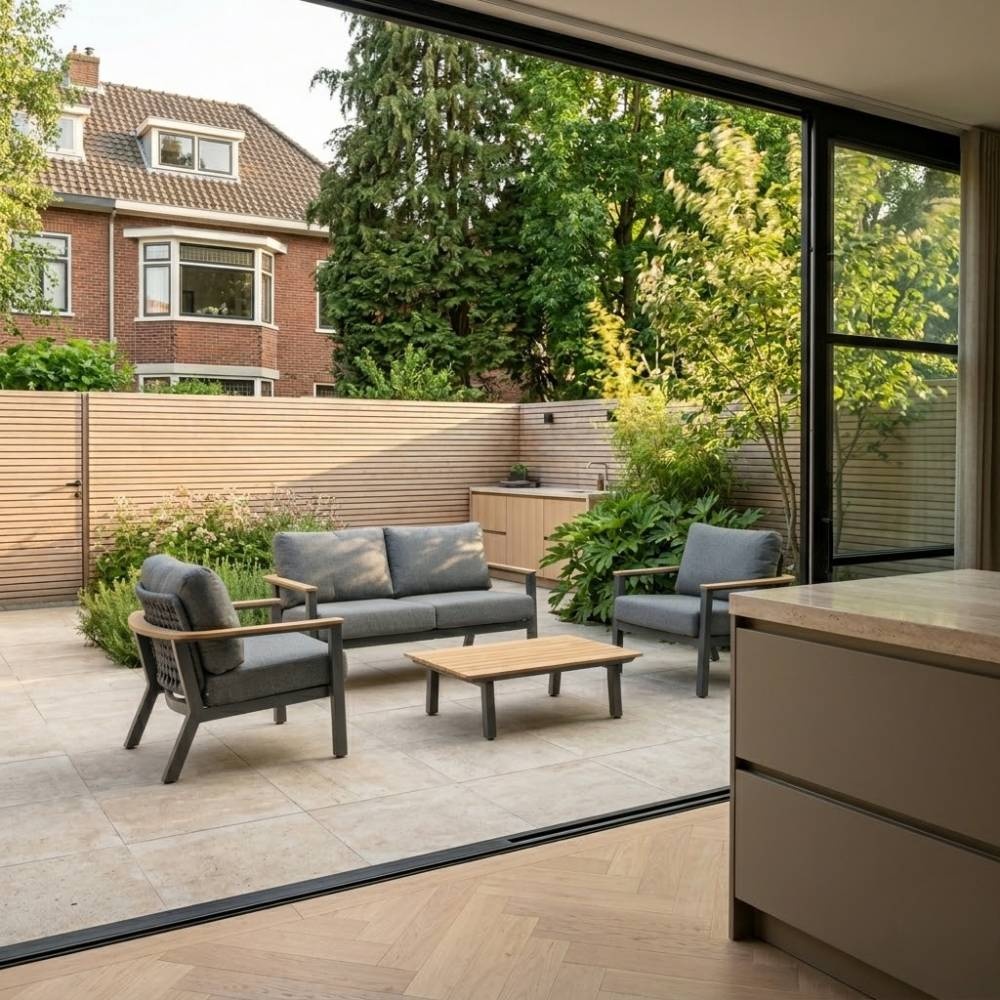 Montana stoel-bank loungeset 4 personen incl. tafel | aluminium + teak | antraciet | 4-delig