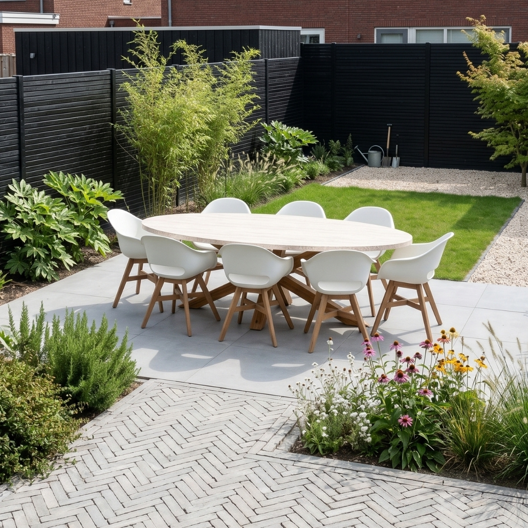 Lorento/Karlstad wit dining tuinset | 8 personen | travertin + hardhout | 280cm