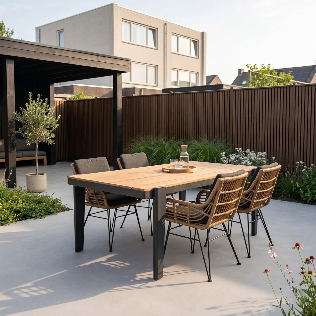 Vigo/Carlos antraciet dining tuinset | 4 personen | teakhout + wicker | 200cm