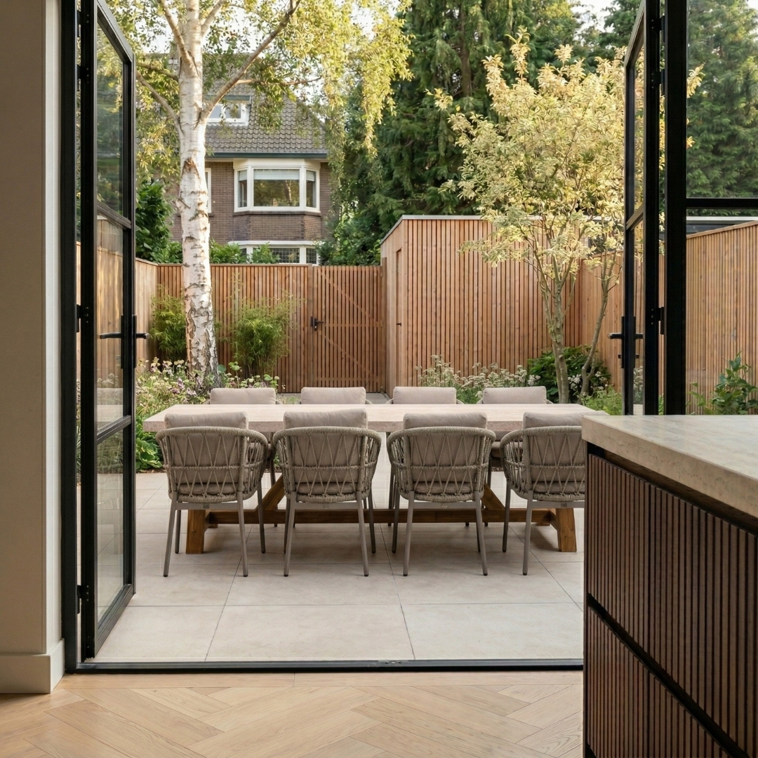 Velora/Dakota beige dining tuinset | 8 personen | travertin + touw | 300cm
