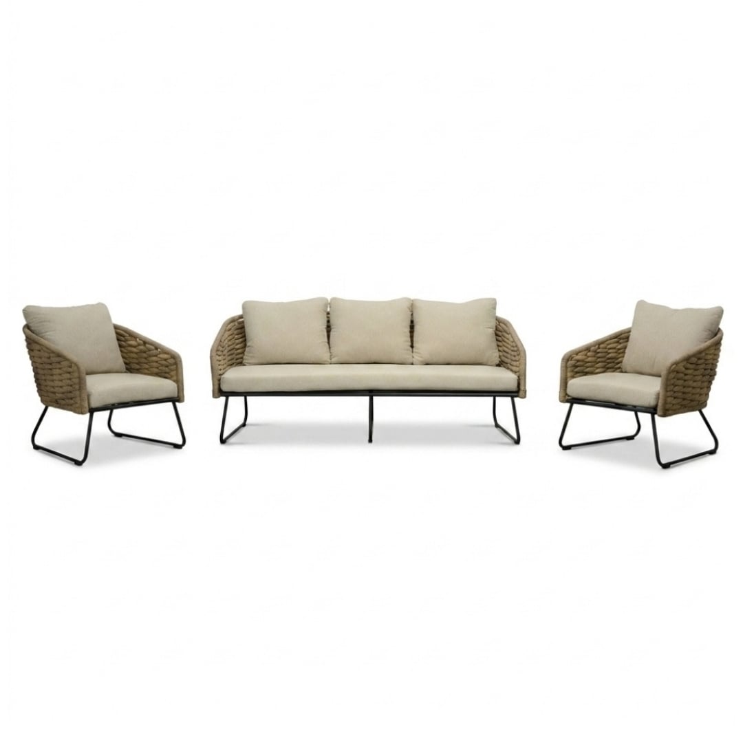 Flora stoel-bank loungeset 5 personen | touw + aluminium | Sahara Dust | 3-delig