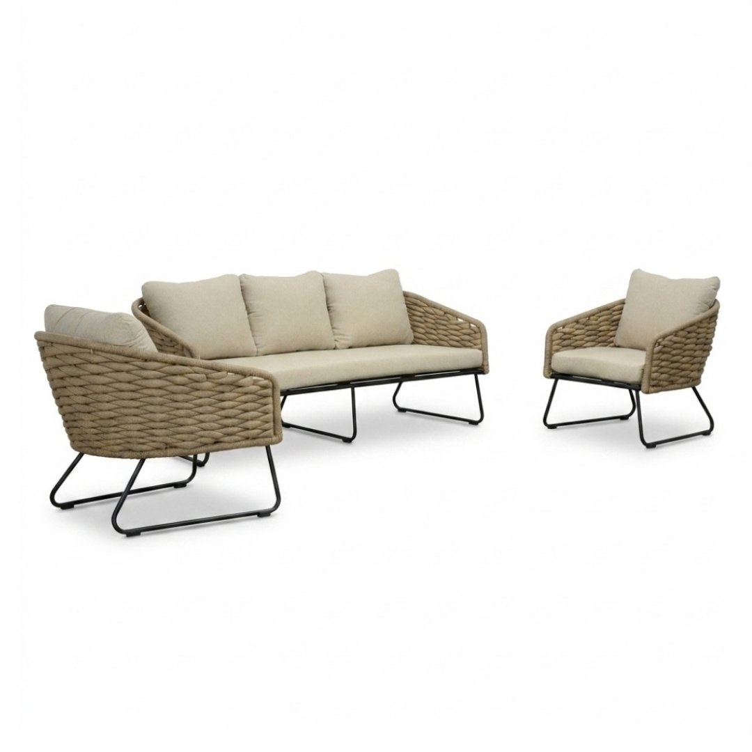 Flora stoel-bank loungeset 5 personen | touw + aluminium | Sahara Dust | 3-delig