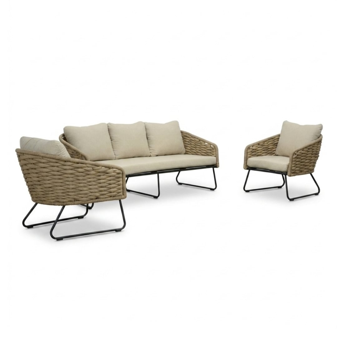 BUITEN living Flora stoel-bank loungeset 5 personen | touw + aluminium | Sahara Dust | 3-delig