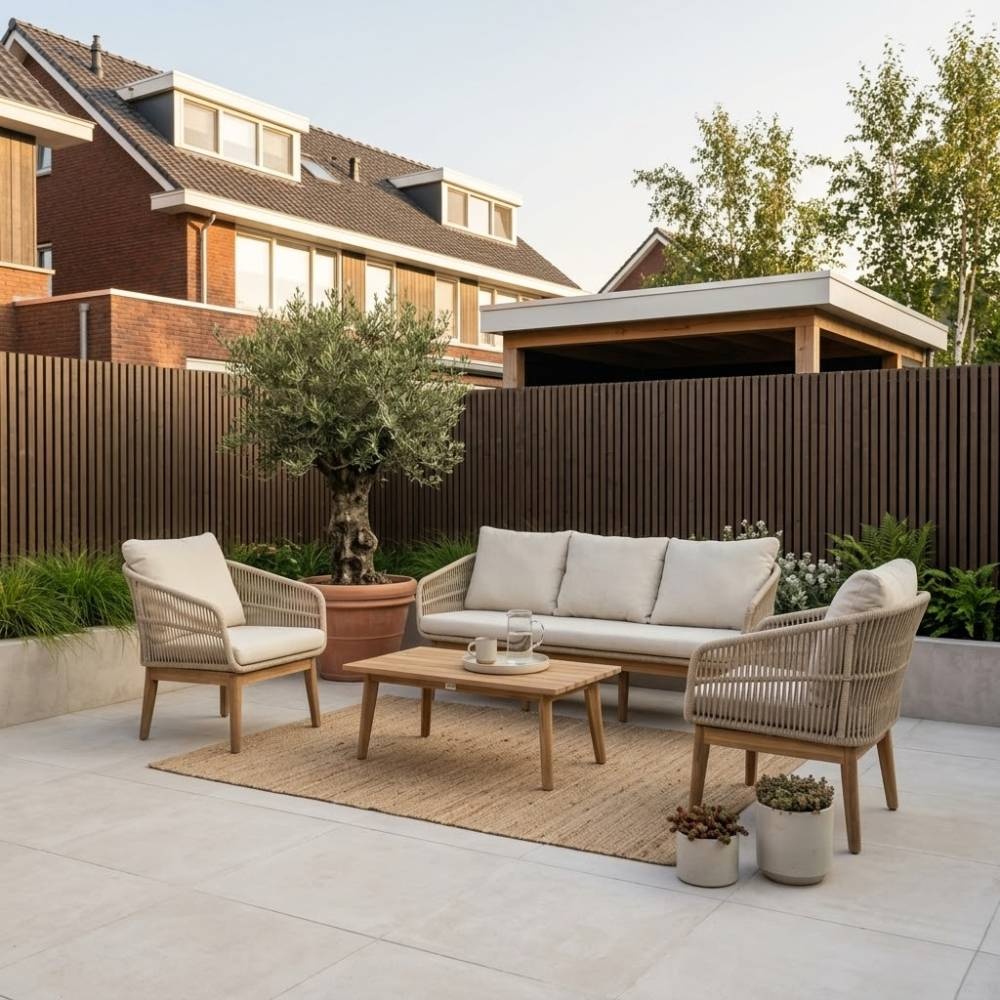 Bella stoel-bank loungeset 5 personen | touw + hardhout | zand | 4-delig