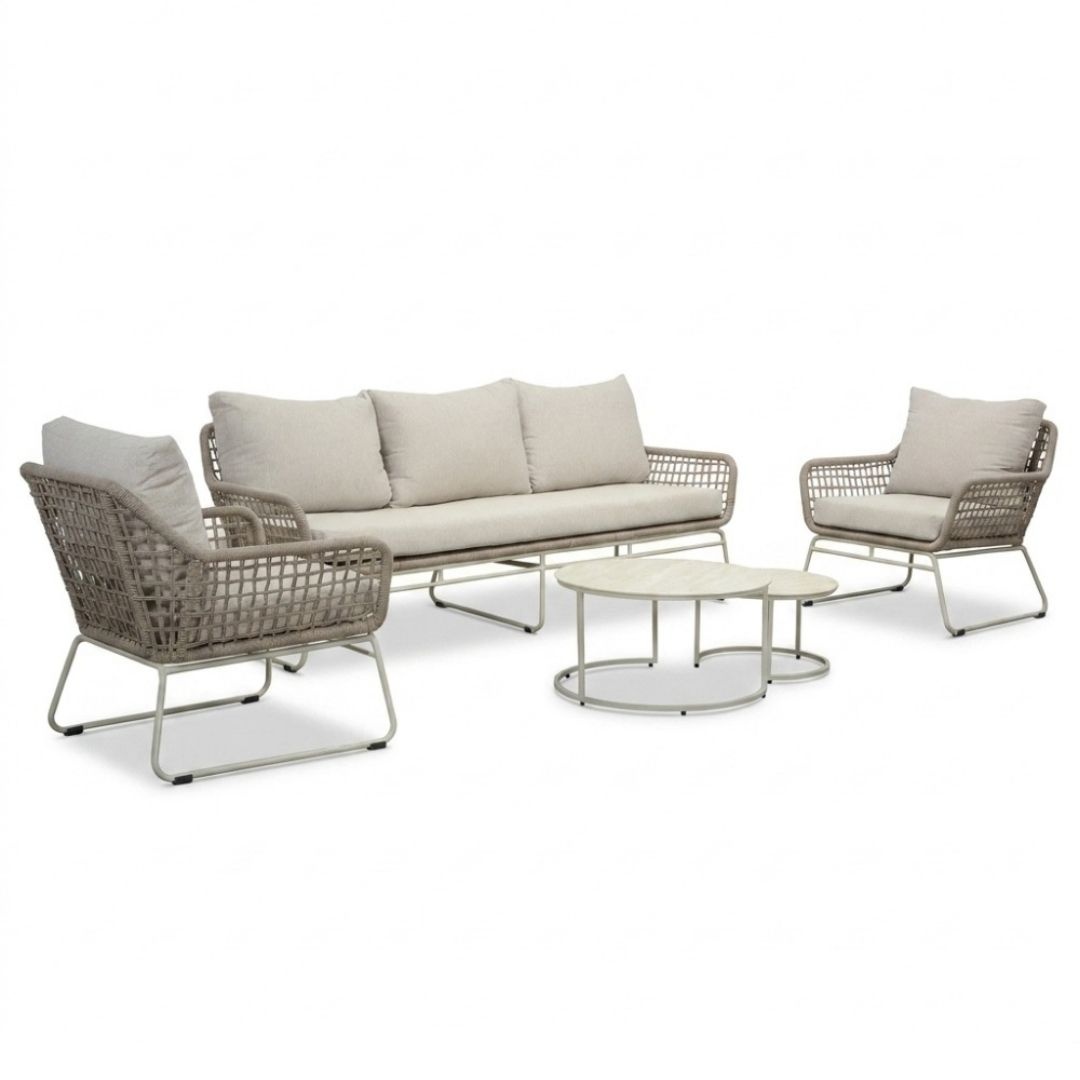 Valencia stoel-bank loungeset incl. Aurora tafel | touw + aluminium | Almond Beige | 4-delig