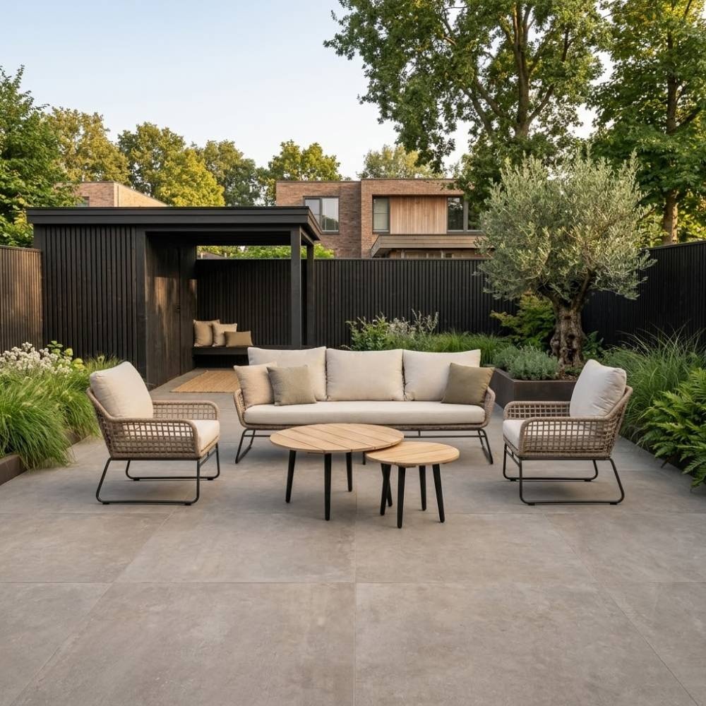 Valencia/Palermo stoel-bank loungeset 5 personen | touw + aluminium | Sahara Dust | 3-delig