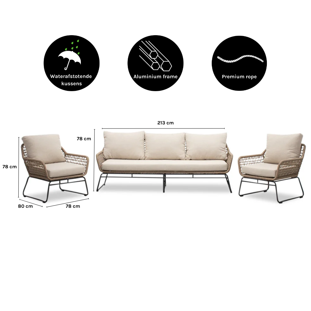 Valencia/Palermo stoel-bank loungeset 5 personen | touw + aluminium | Sahara Dust | 3-delig