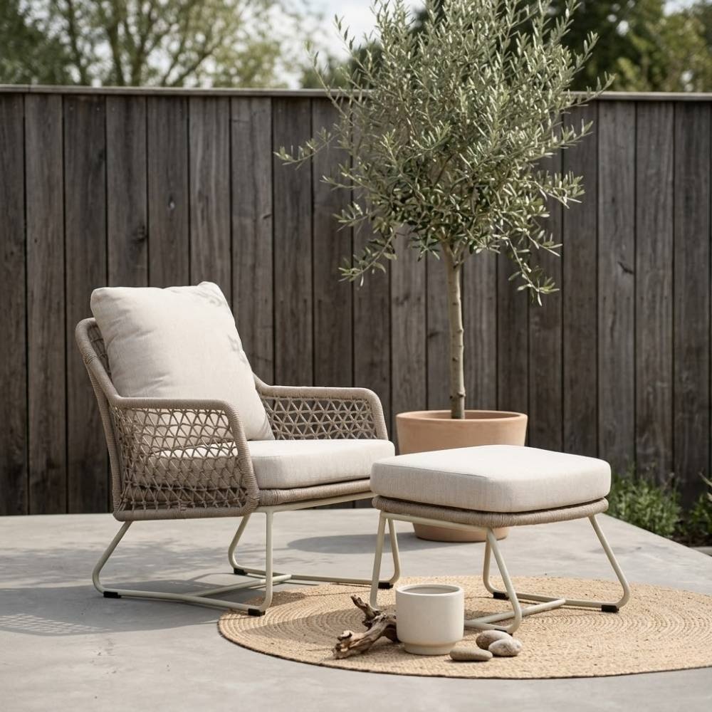 Gianna loungestoel tuin incl. voetenbank | touw + aluminium | Almond Beige