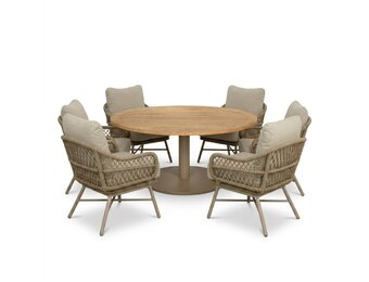 Ventura beige/Ventura Sandstone low dining tuinset | 6 personen | teakhout + touw | 160cm rond