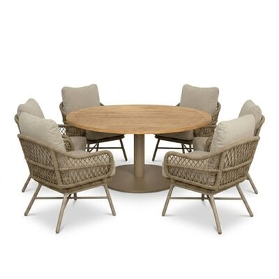 Ventura beige/Ventura Sandstone low dining tuinset | 6 personen | teakhout + touw | 160cm rond