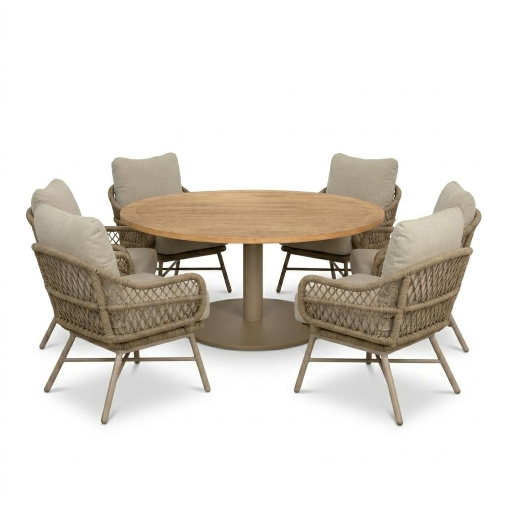 LUX outdoor living Ventura beige/Ventura Sandstone low dining tuinset | 6 personen | teakhout + touw | 160cm rond