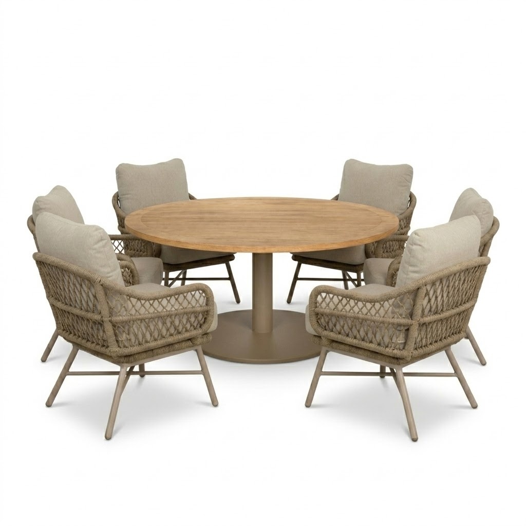 Ventura beige/Ventura Sandstone low dining tuinset | 6 personen | teakhout + touw | 160cm rond
