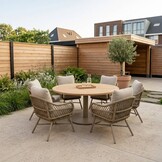 Ventura beige/Ventura Sandstone low dining tuinset | 6 personen | teakhout + touw | 160cm rond
