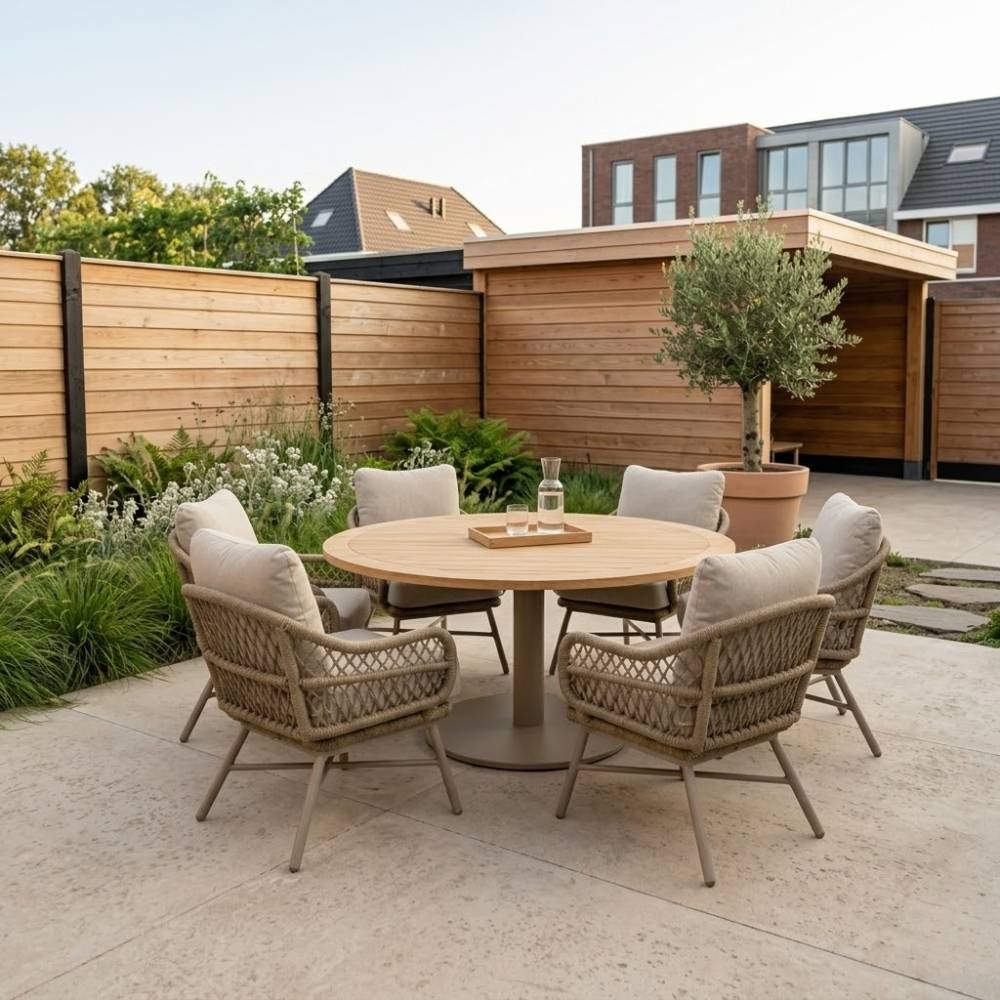 Ventura beige/Ventura Sandstone low dining tuinset | 6 personen | teakhout + touw | 160cm rond