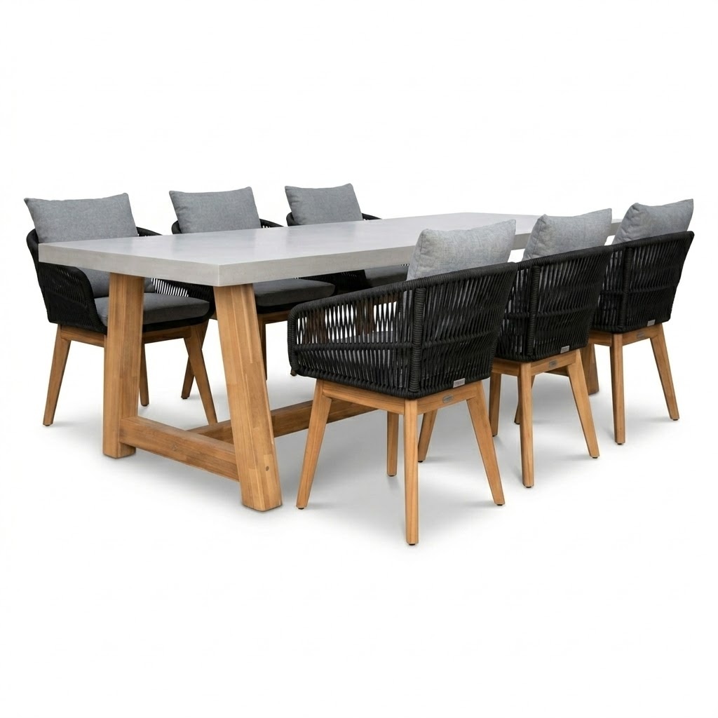 Veltis/Bella zwart dining tuinset | 6 personen | polystone + touw | 250cm