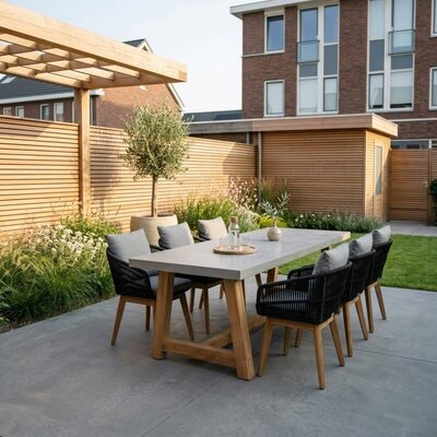 Veltis/Bella zwart dining tuinset | 6 personen | polystone + touw | 250cm