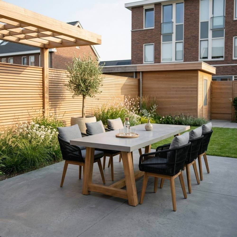 Veltis/Bella zwart dining tuinset | 6 personen | polystone + touw | 250cm
