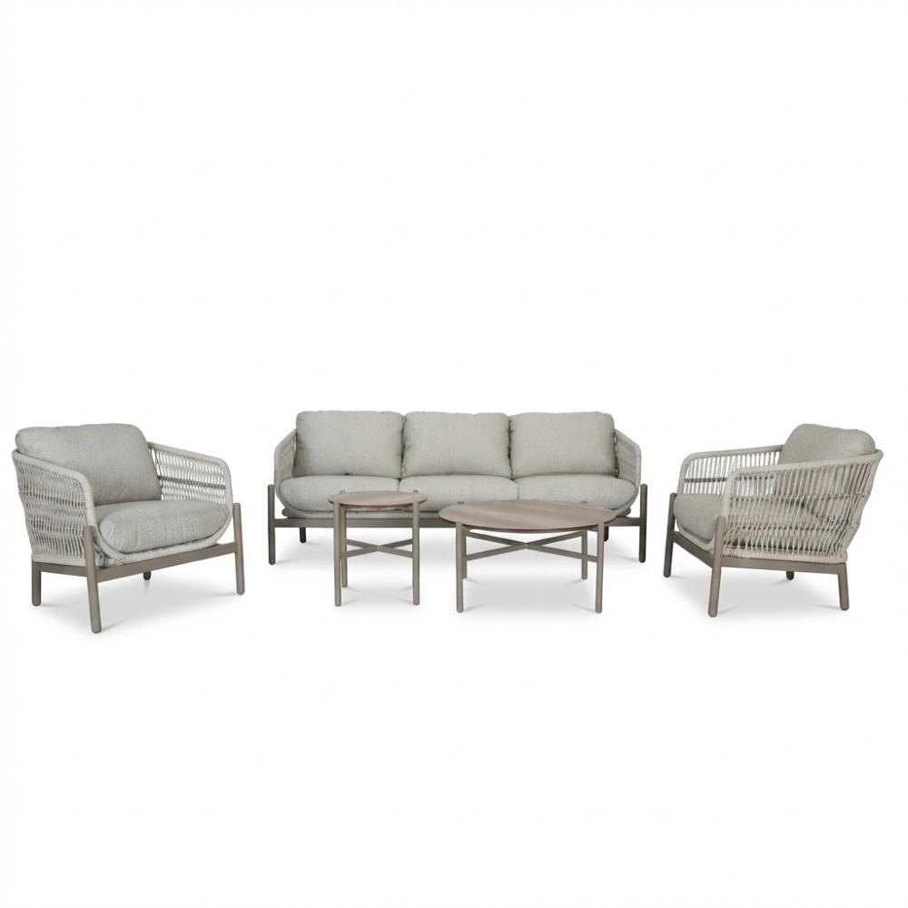 Puglia stoel-bank loungeset 5 personen incl. tafels | touw + aluminium | beige | 3-delig