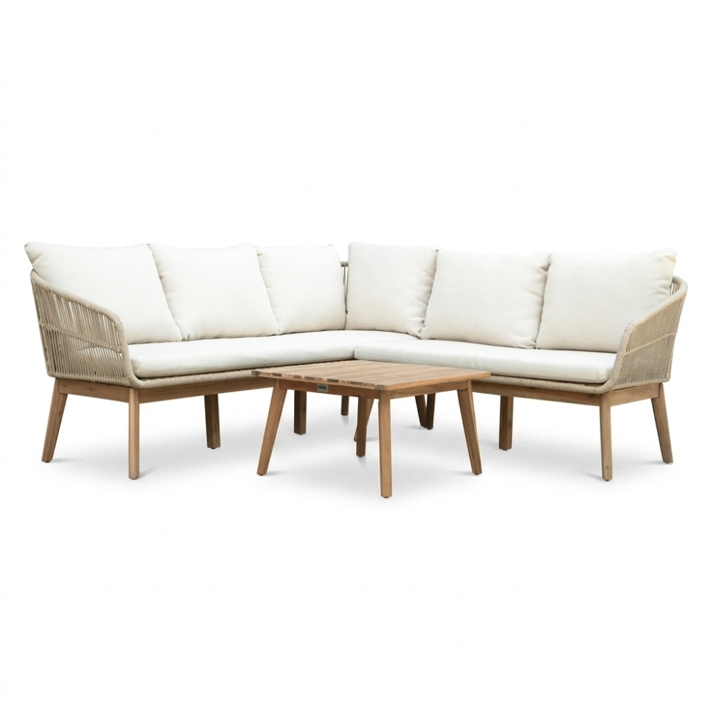 Bella hoek loungeset 5 personen | touw + hardhout | zand | 4-delig | 4-delig - 219x204cm