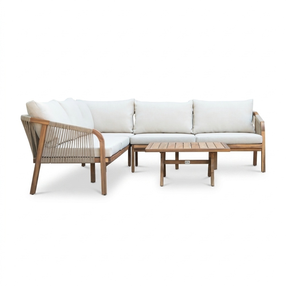Bergamo hoek loungeset 6 personen | touw + hardhout | zand | 4-delig - 230x230cm