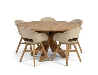 Genua/Karlstad beige dining tuinset | 5 personen | teakhout + kunststof | 140cm rond