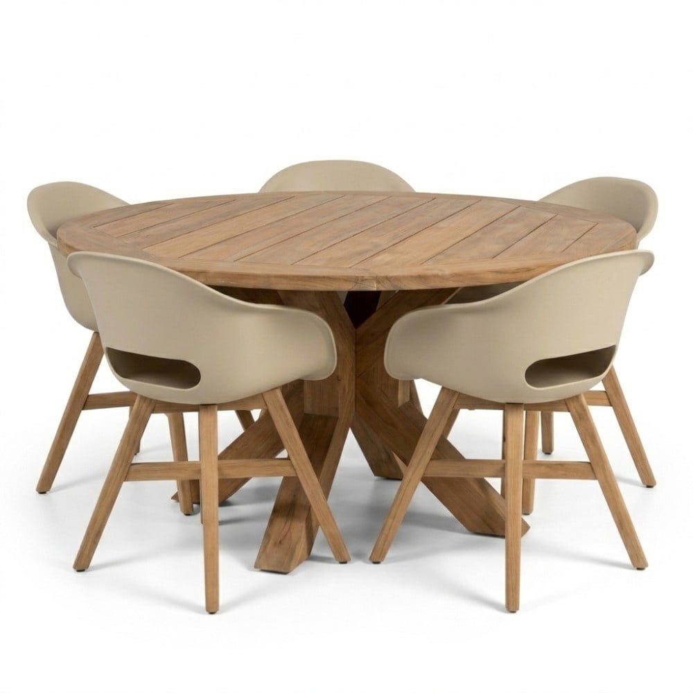 Genua/Karlstad beige dining tuinset | 5 personen | teakhout + kunststof | 140cm rond