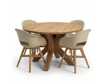 Genua/Karlstad beige dining tuinset | 4 personen | teakhout + kunststof | 120cm rond