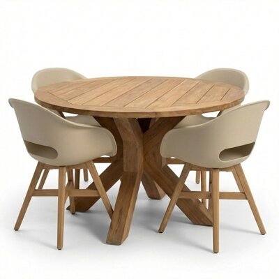 Genua/Karlstad beige dining tuinset | 4 personen | teakhout + kunststof | 120cm rond