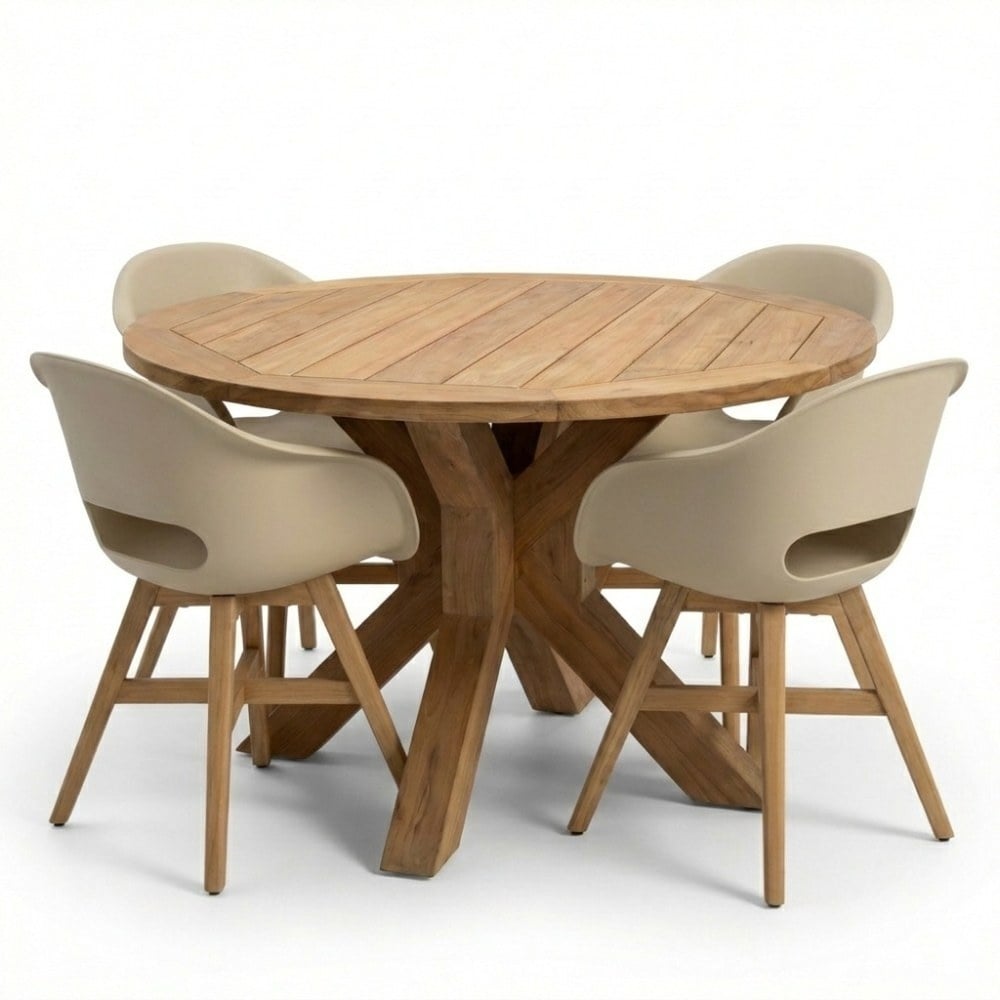 Genua/Karlstad beige dining tuinset | 4 personen | teakhout + kunststof | 120cm rond