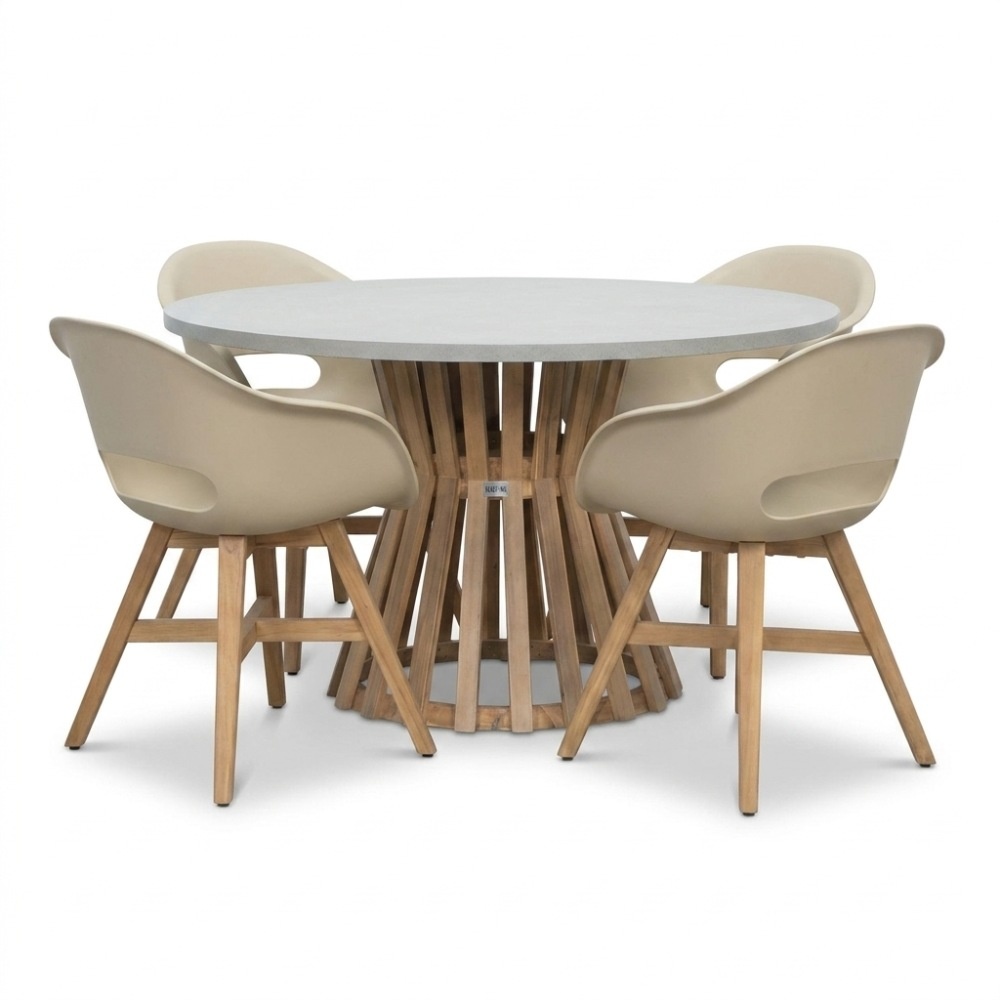 Elzas/Karlstad beige dining tuinset | 4 personen | polystone + kunststof | Ø135cm rond