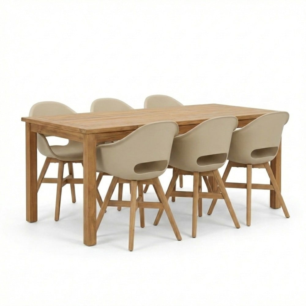 Singapore/Karlstad beige dining tuinset | 6 personen | teakhout + kunststof | 200cm