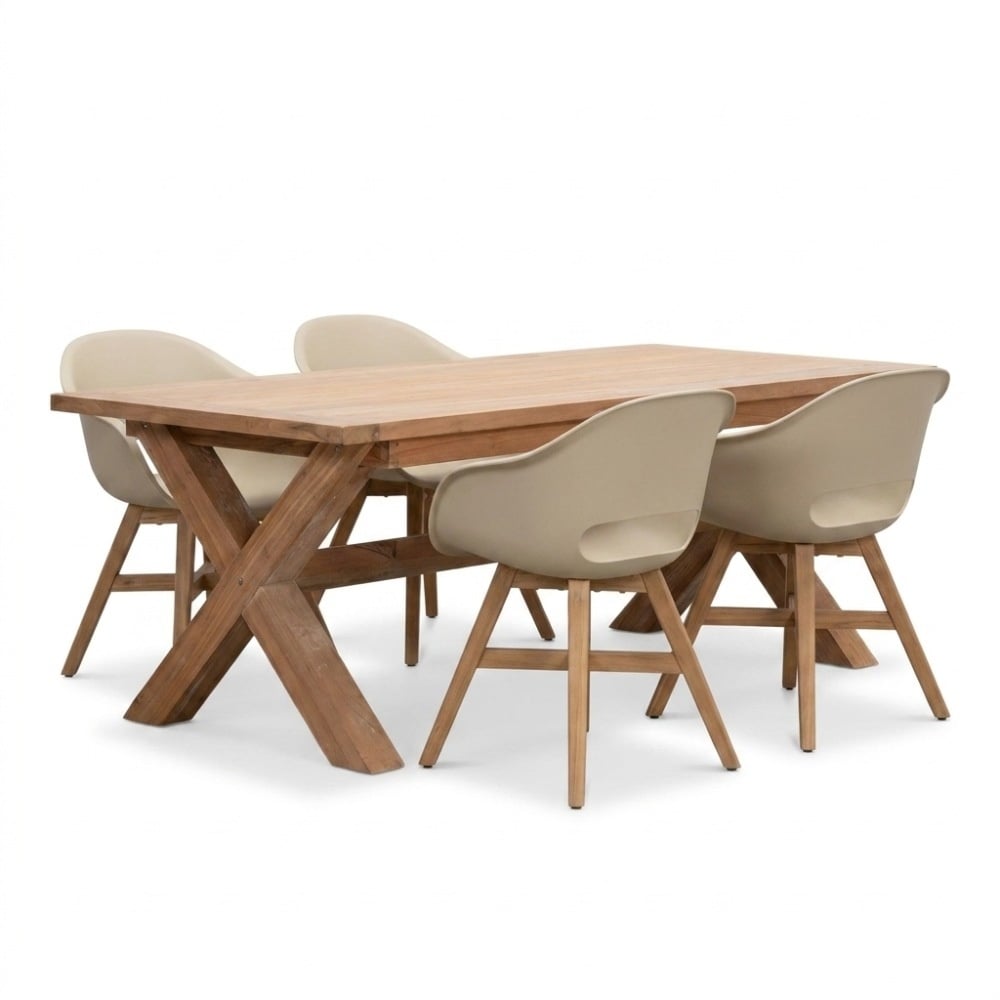Riga/Karlstad beige dining tuinset | 4 personen | teakhout + kunststof | 200cm