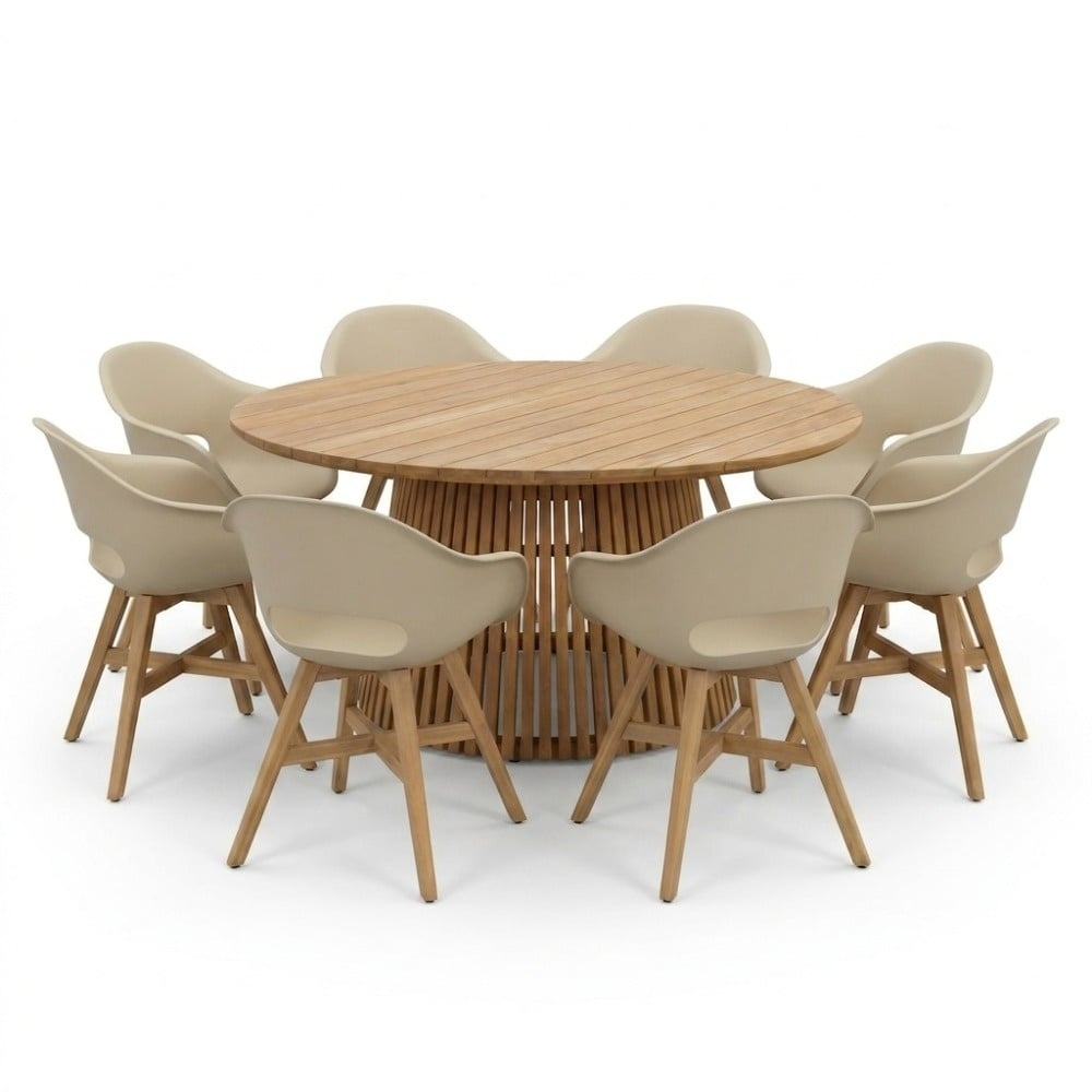 Palau/Karlstad beige dining tuinset | 8 personen | teakhout + kunststof | 180cm rond